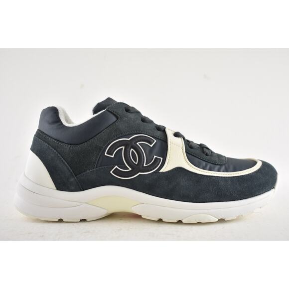 Chanel 20C Mens Blue White CC Logo Low Top Lace Up Runner Trainer Sneaker 44 11 - Picture 2 of 12